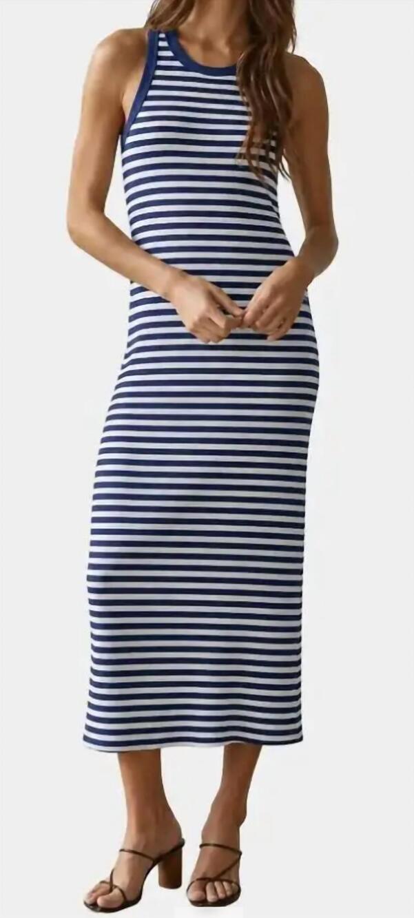 NEW BY TOGETHER knit sweater viscose polyester nylon striped dress in ivory navy